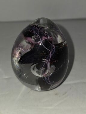 Hand Blown Art Glass  Paperweight 2 Inch Vintage Egg Swirl Purple Black